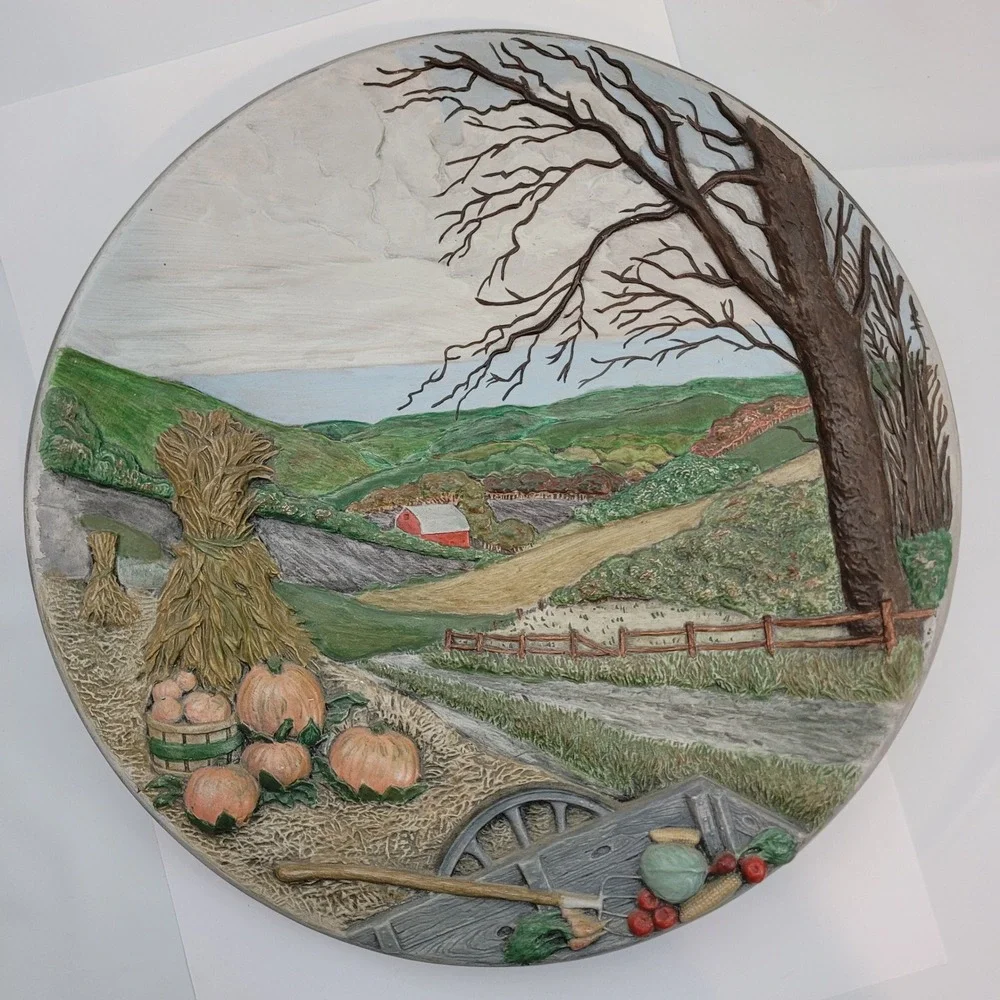 E&J Ceramic Shop Relief Plate Vintage 1977 Fall Harvest Farmhouse Decor 12.5in